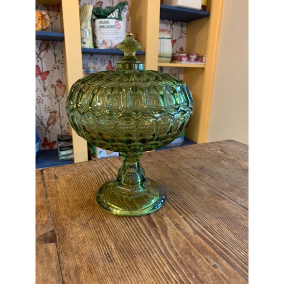 Rare Large Vintage 60s Green Fenton Glass Dish Pedestal Facet Covered 6975 - Picture 11 of 13